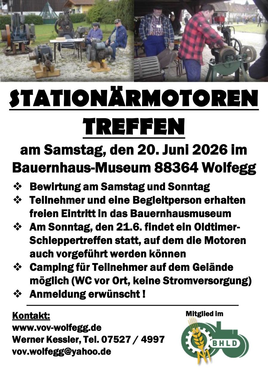 Flyer für das Stationärmotorentreffen in Wolfegg. 20. Juni 2026