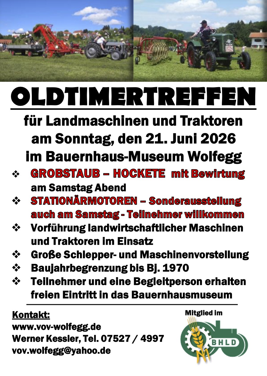 Flyer zum Oldtimertreffen für Landmaschinen und Traktoren am 21. Juni 2026 in Wolfegg